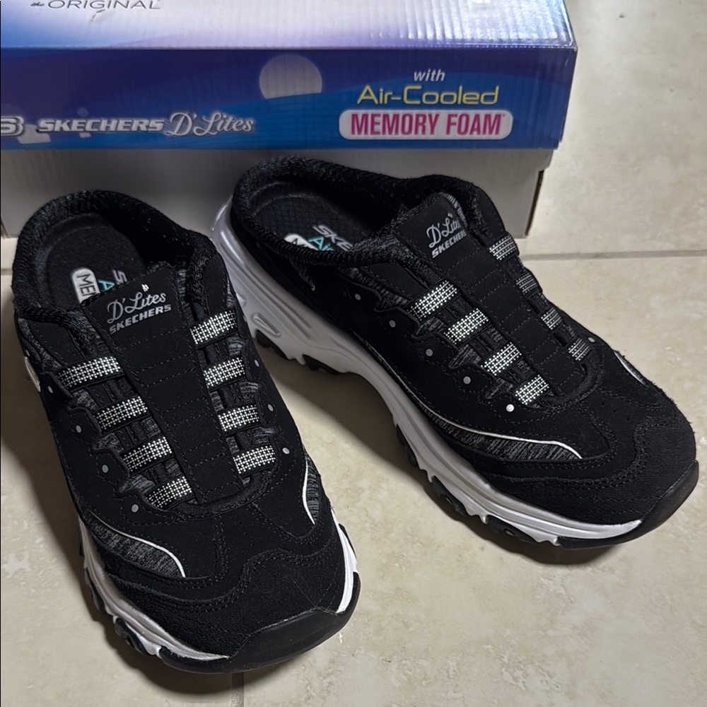 Skechers D'Lites Black and White Slip-On Sneakers